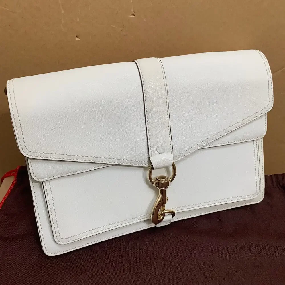 REBECCA MINKOFF White Saffiano Leather HUDSON Flap Large Xbody Msgr Black Trim